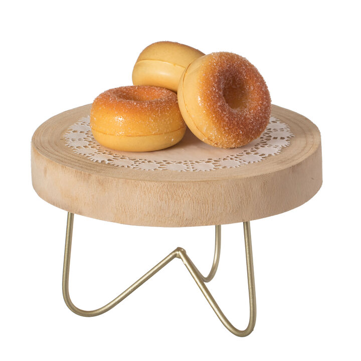 Decorative Natural Round Wood Tree Slice Serving Tray with Gold Metal Stand