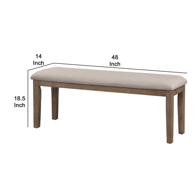 Rectangular Style Wooden Bench with Fabric Upholstered Seat,Brown and Beige - Benzara
