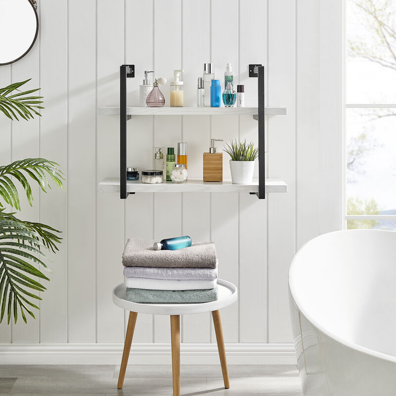 Modern 2-Tier Hanging Bracket Wall Shelves in Black Metal and White Birch Finish