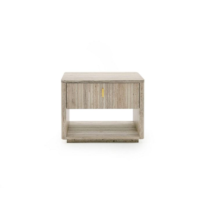 Benjara Fly 32 Inch Nightstand, 1 Drawer, 1 Sleek Handle, Travertine, Gray and Gold