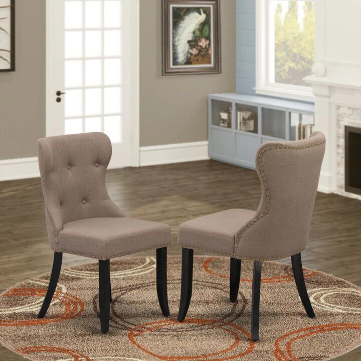 East West Furniture - Set of 2 - Dining Room Chair- Upholstered Dining Chairs Includes Wirebrushed Black Wooden Frame with Coffee Linen Fabric Seat with Nail Head and Button Tufted Back