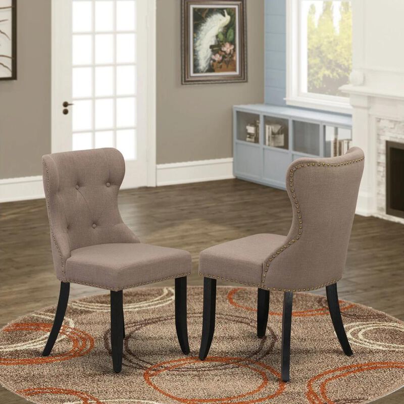 East West Furniture - Set of 2 - Dining Room Chair- Upholstered Dining Chairs Includes Wirebrushed Black Wooden Frame with Coffee Linen Fabric Seat with Nail Head and Button Tufted Back