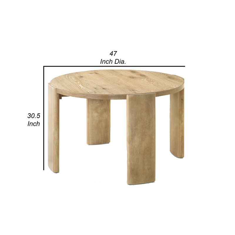 Bowny 47 Inch Dining Table, Round Top, Natural Oak Brown Finish, Solid Wood - Benzara