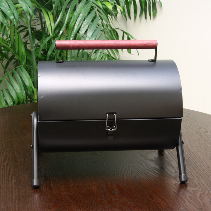Gibson Home Delwin Carbon Steel Barrel BBQ in Black with Burgundy Wood Handle