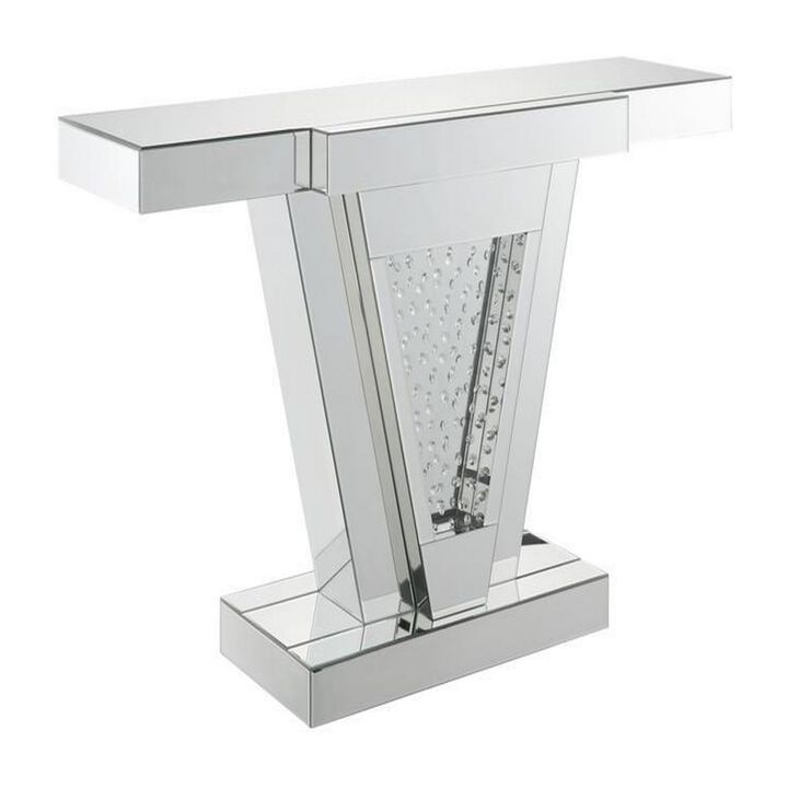 Wood and Mirror  Console Table with Faux Crystals Inlay, Clear-Benzara