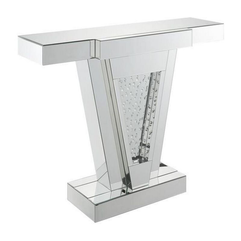 Wood and Mirror  Console Table with Faux Crystals Inlay, Clear-Benzara