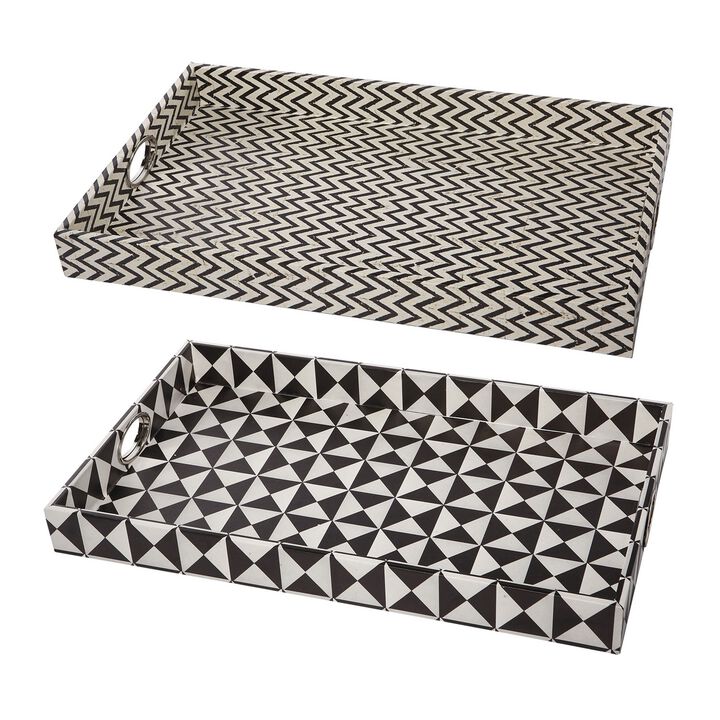 25 Inch Decorative, Black White Wood Trays, Art Deco Geometric, Set of 2 - Benzara