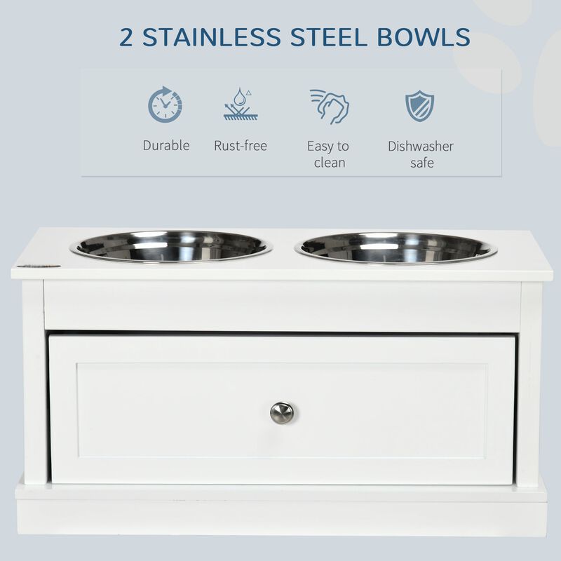 White Dog Feeder: Elevated Bowls with Storage Drawer for Large Dogs