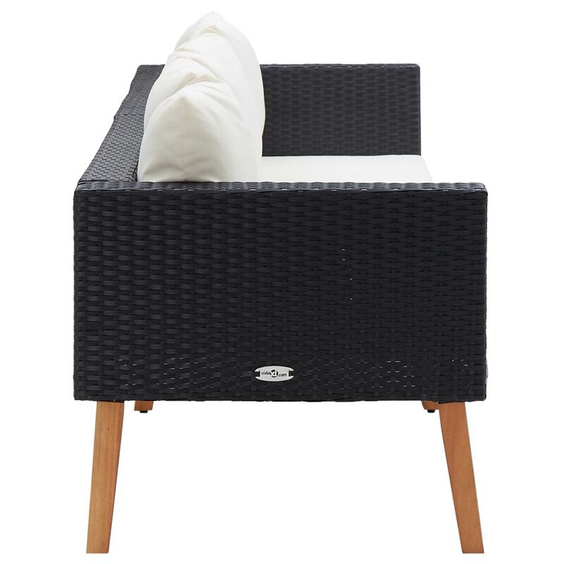3 Seater Outdoor Sofa with White Fabric Cushions, Black Rattan 86 Inch - Benzara