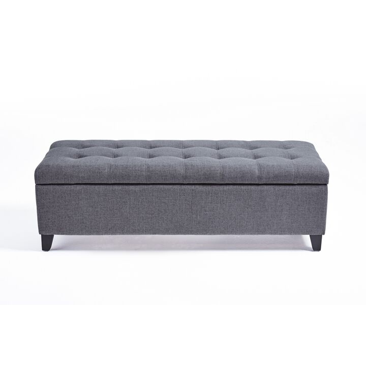 Nira Storage Ottoman Bench, Button Tufted Dark Gray Fabric, 51 Inch - Benzara