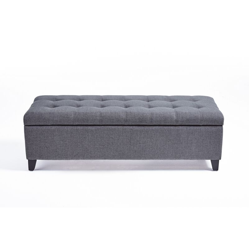 Nira Storage Ottoman Bench, Button Tufted Dark Gray Fabric, 51 Inch - Benzara