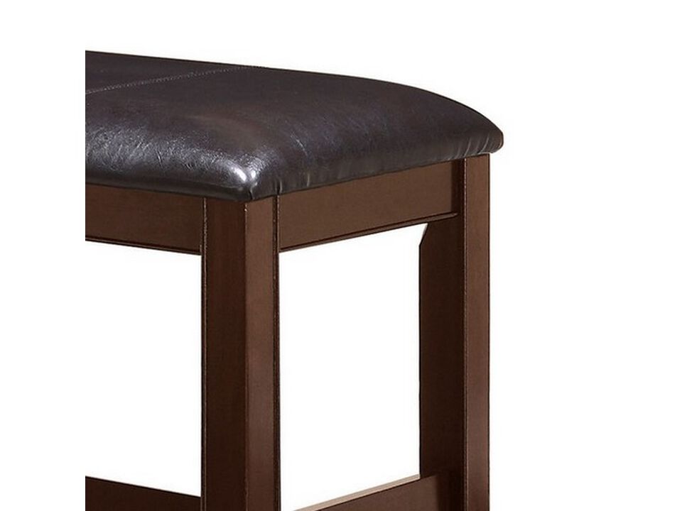 Wooden Counter Height Bench with Leatherette Seat, Brown and Black - Benzara