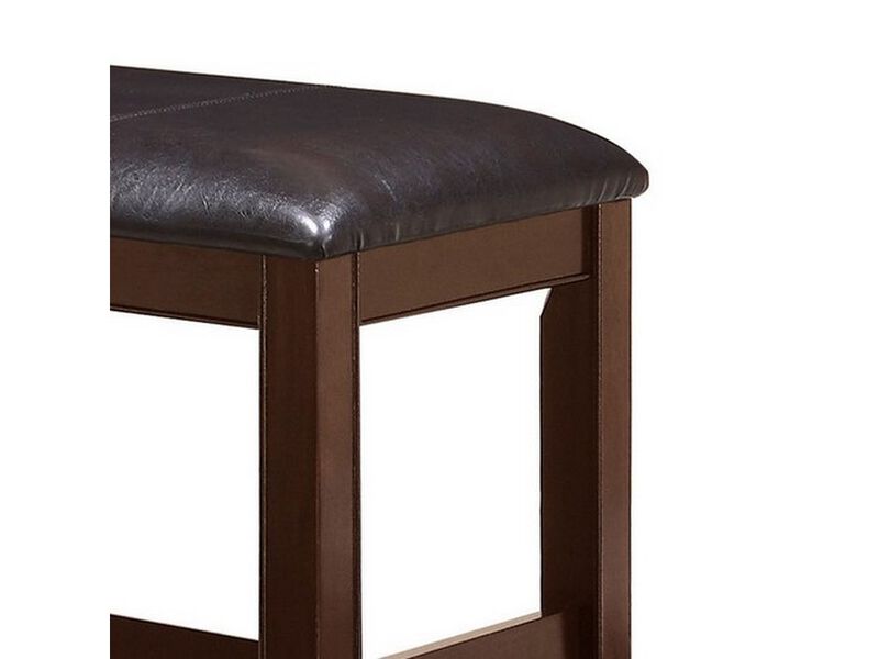 Wooden Counter Height Bench with Leatherette Seat, Brown and Black - Benzara
