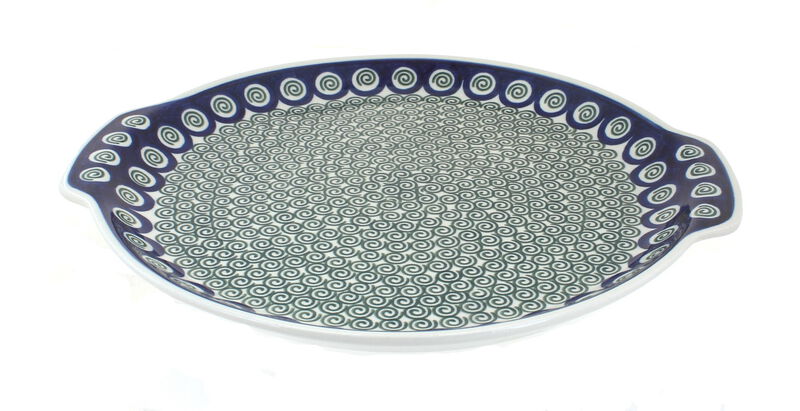Blue Rose Polish Pottery Peacock Swirl Round Serving Tray with Handles