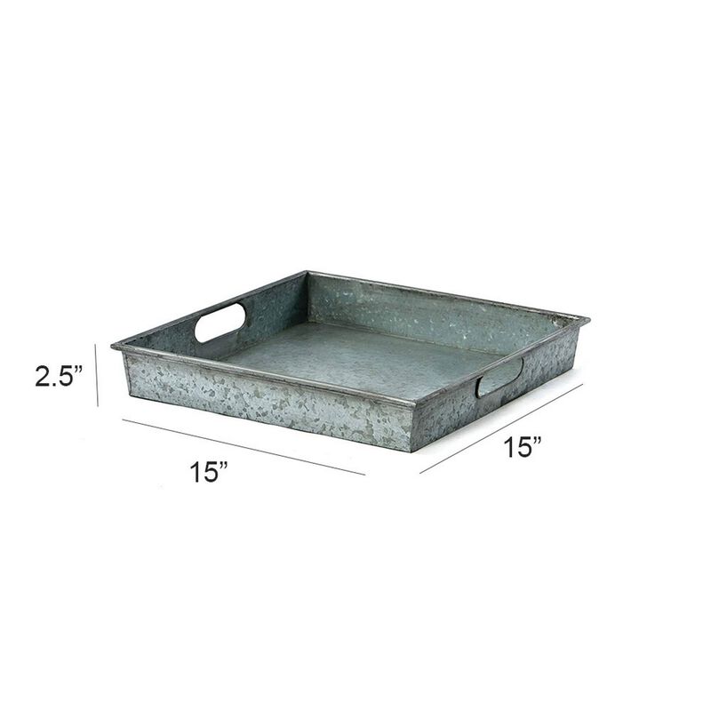 Benzara Square Galvanized Metal Tray With Handle, Gray-Benzara