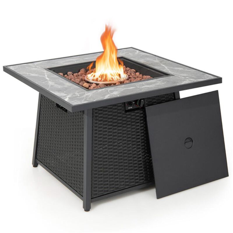 Hivvago 35 Inch Propane Gas Fire Pit Table Wicker Rattan with Lava Rocks PVC Cover-Black