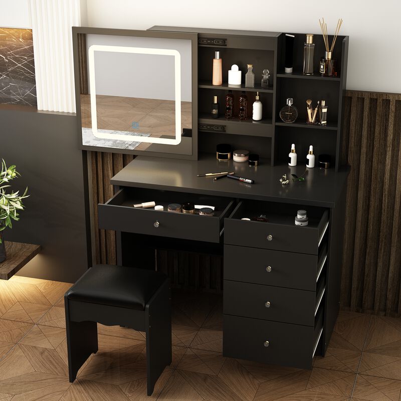 5-Drawers Black Wood LED Push-Pull Mirror Makeup Vanity Sets Dressing Table Sets with Stool and 3-Tier Storage Shelves