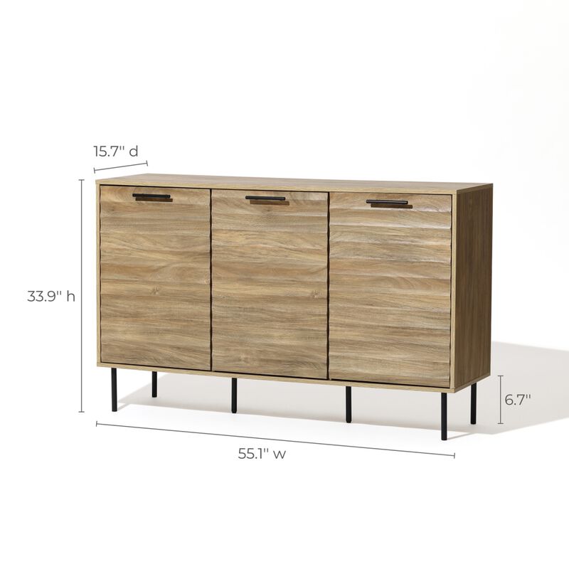 LuxenHome Mid-Century Modern Wave 3-Door 55.1-Inch Wide Kitchen Sideboard Cabinet with Metal Legs