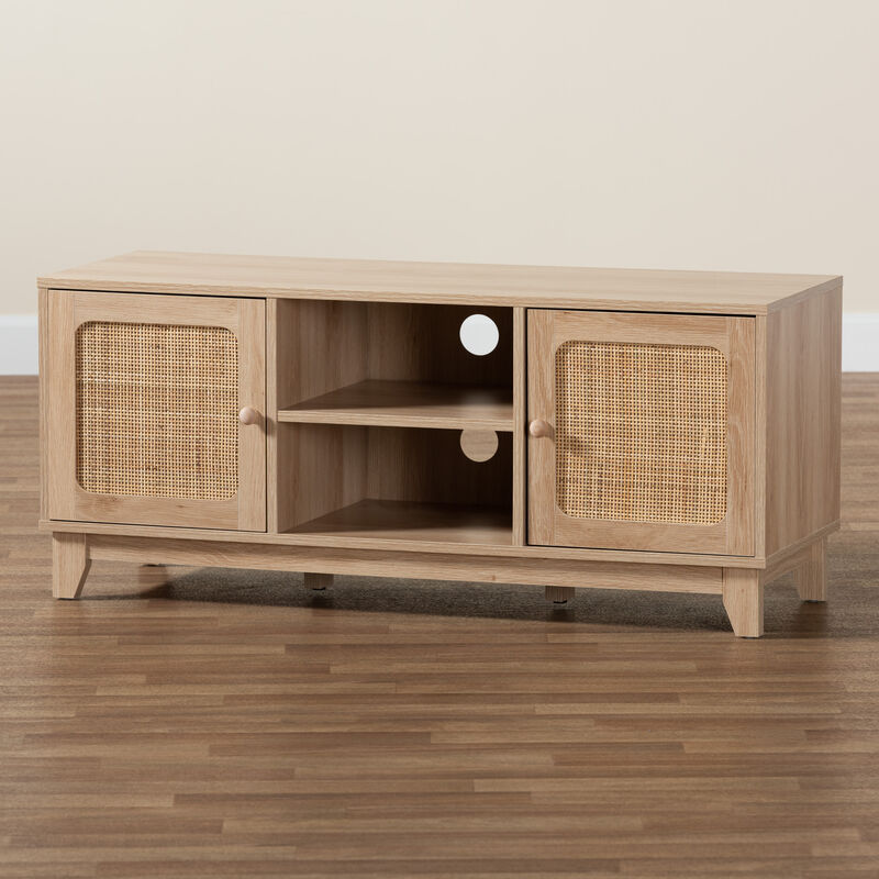 Baxton Studio Elsbeth  Light Brown Finished Wood and Natural Rattan 2 Door TV Stand