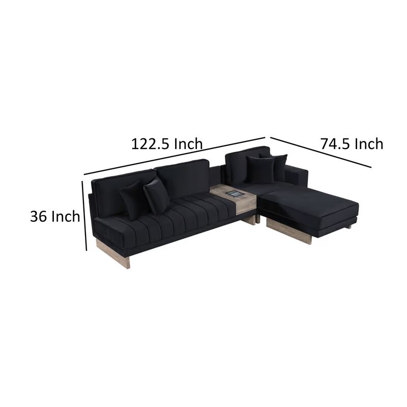 Phsy 123 Inch Modular Sectional Sofa with Storage Table, USB, Black Velvet - Benzara