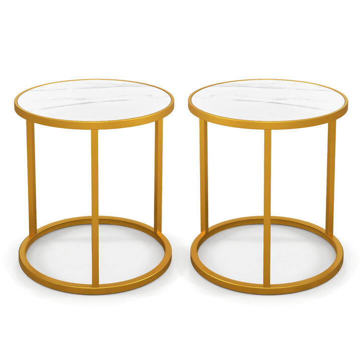 Marble Top Round Side Table 16-Inch End Table with Golden Metal Frame-Set of 2