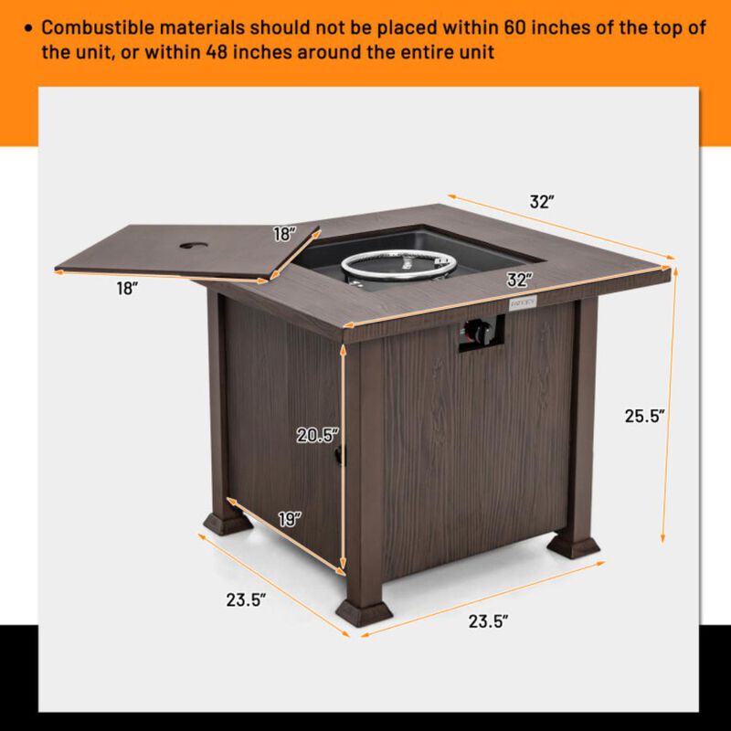 Hivvago 32 Inch 50 000 BTU Square Fire Pit Table with Lid and Lava Rocks-Brown