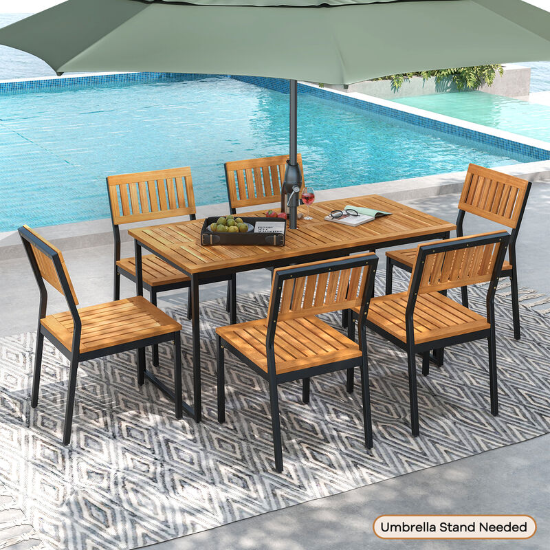 Patio Dining Chair Set of 2 with Metal and Acacia Wood Frame