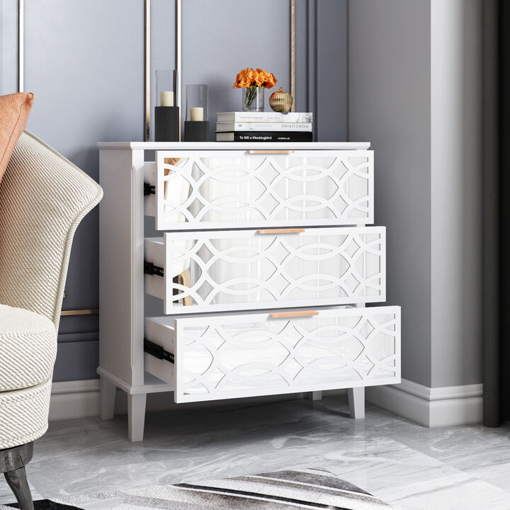 3-Mirrored Drawers White Wood Nightstands Bedside Table With Mirror Finish 11.5 in. D x 28.5 in. W x 26 in. H