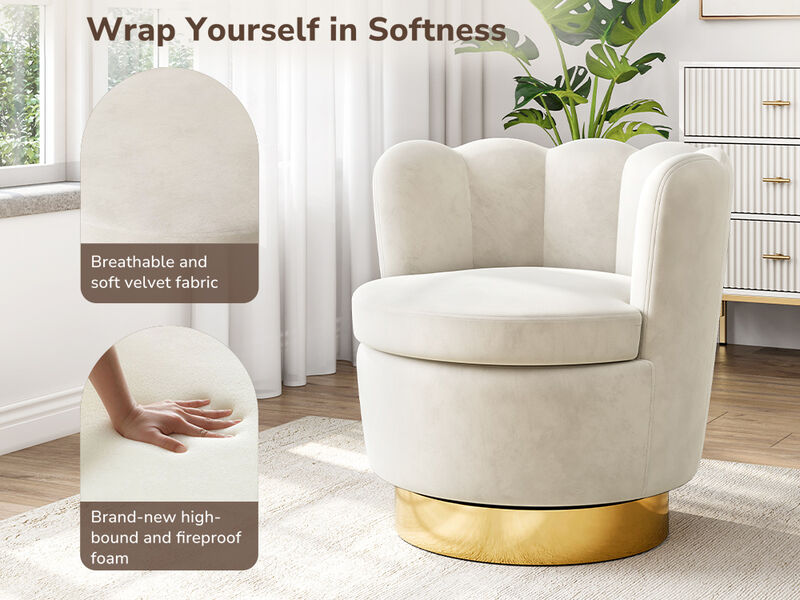 BELLEZE Swivel Accent Chair, Velvet Modern Round Petal Swivel Barrel Chair, 360° Upholstery Swivel Sofa Armchair, Comfy Swivel Accent Chair for Living Room Bedroom - Lotus (White)