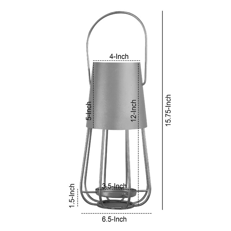 Ambient 12 Inch Vintage Style Iron Candle Stand Lantern, Sleek Curved Handle, Metallic Silver-Benzara