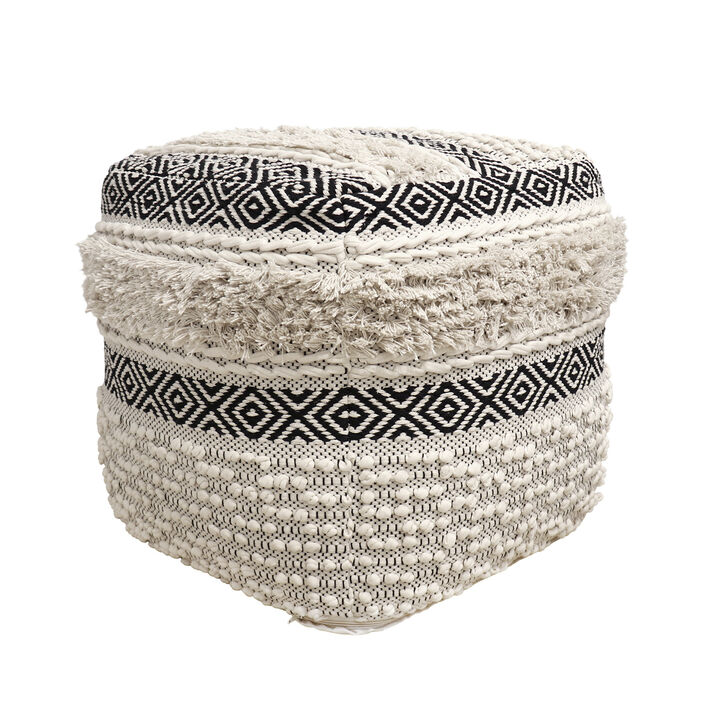 Pasargad Home Grandcanyon Hand Woven 100% Cotton Pouf, Ivory/Black