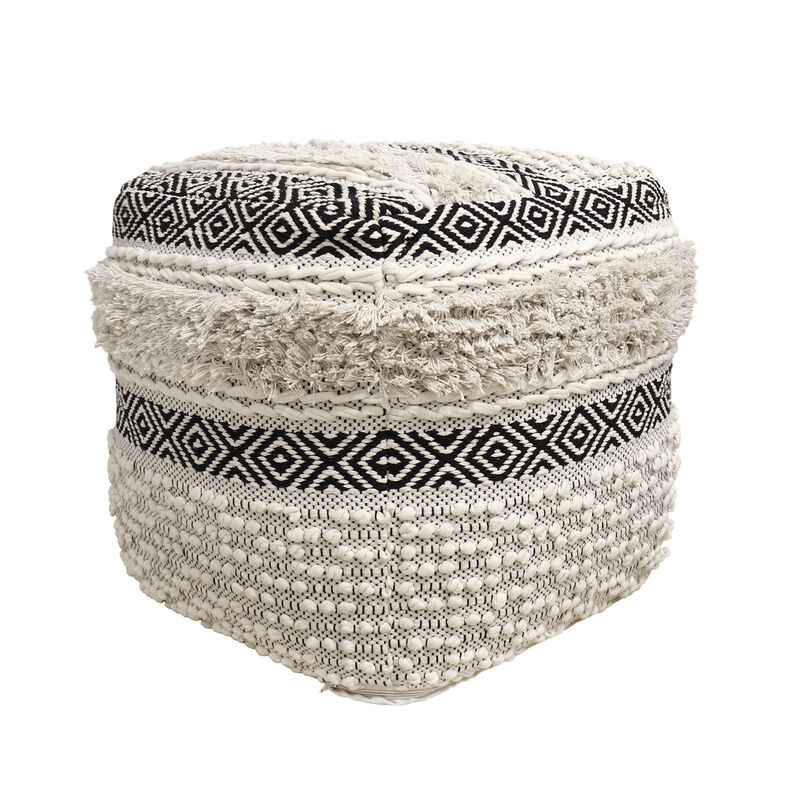 Pasargad Home Grandcanyon Hand Woven 100% Cotton Pouf, Ivory/Black