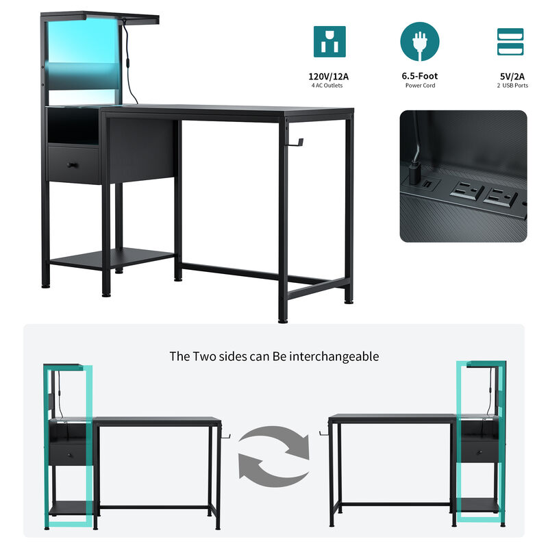 Home Office Computer Desk with Charging Station, USB Ports & Storage Shelves
