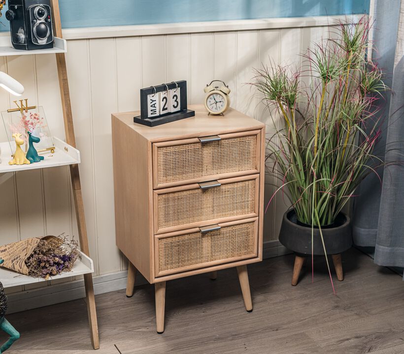 Scandinavian Wooden Commode Chiffonier with 3 Drawers and Rattan Caning
