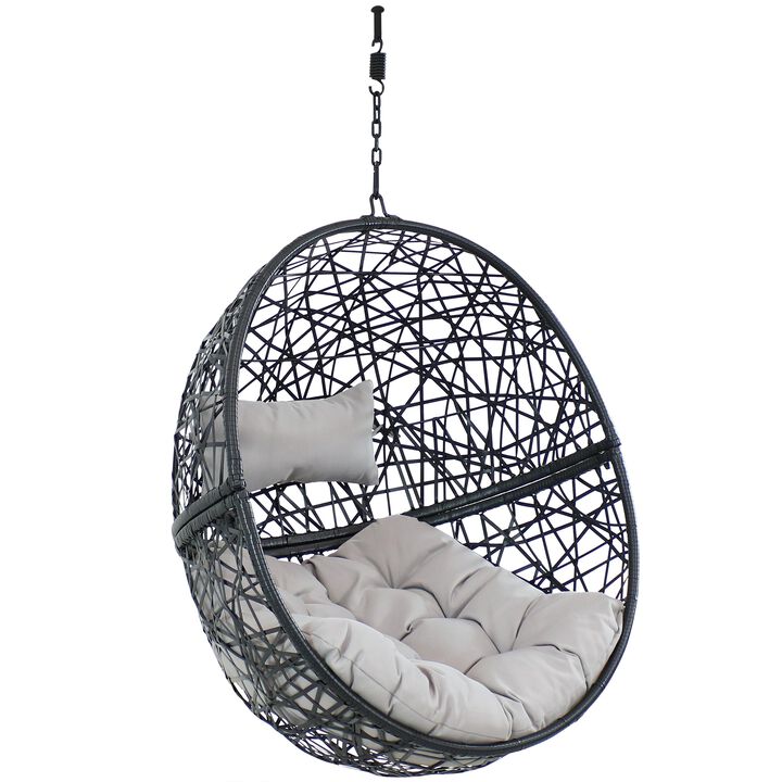 Sunnydaze Black Resin Wicker Round Hanging Egg Chair with Cushions