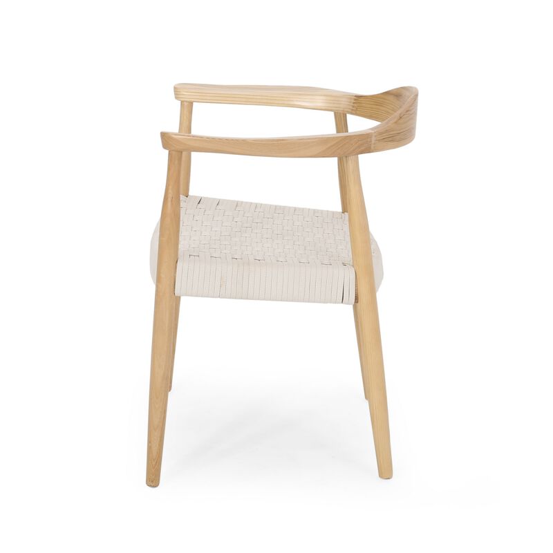 Accent Armchair, White Rope Woven Style Seat, Natural Brown Ash Wood - Benzara