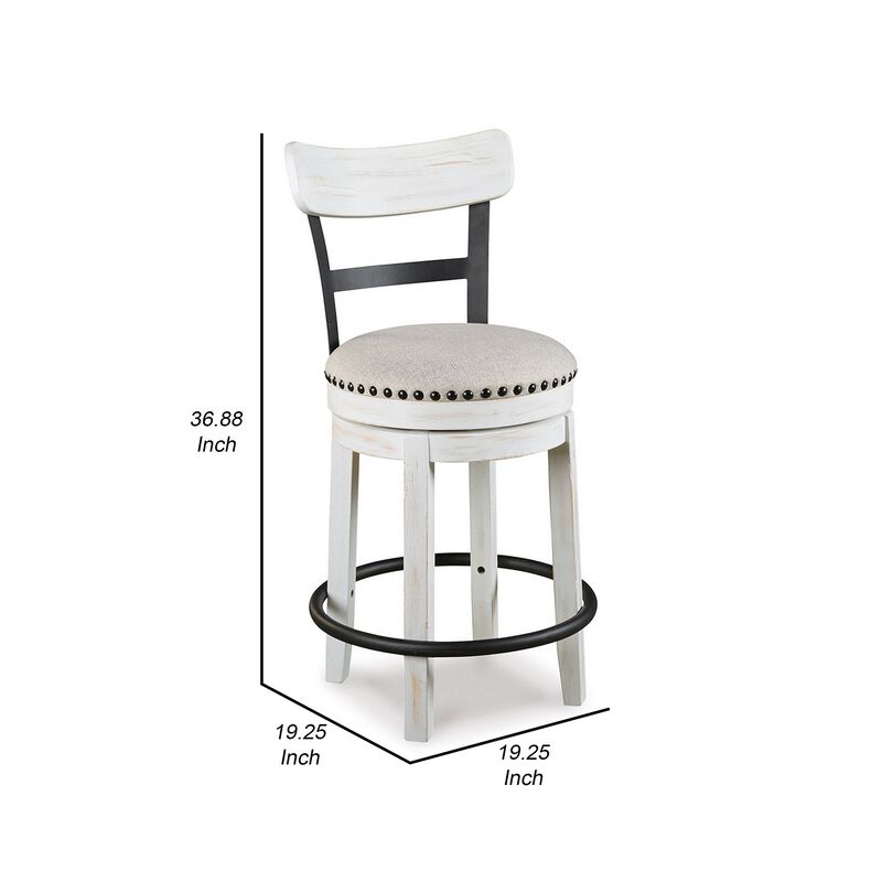 Zane 25 Inch Swivel Counter Height Stool, Round Cushioned Seat, White Wood - Benzara