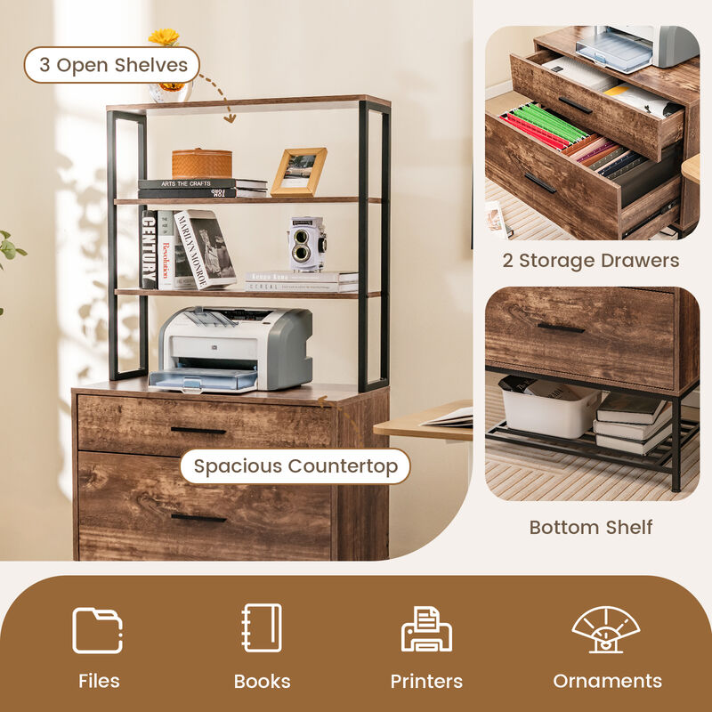 Freestanding File Cabinet with Charging Station and 3-Tier Open Shelves