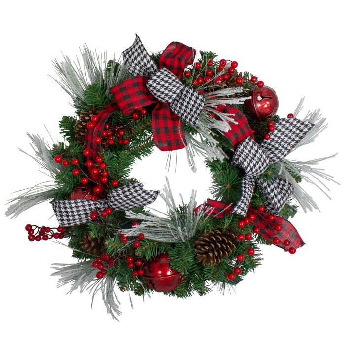 Plaid and Houndstooth and Red Berries Artificial Christmas Wreath - 24-Inch  Unlit