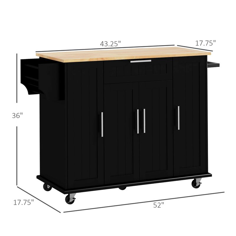 Black Kitchen Island Cart: Natural Wood Top, Drawers