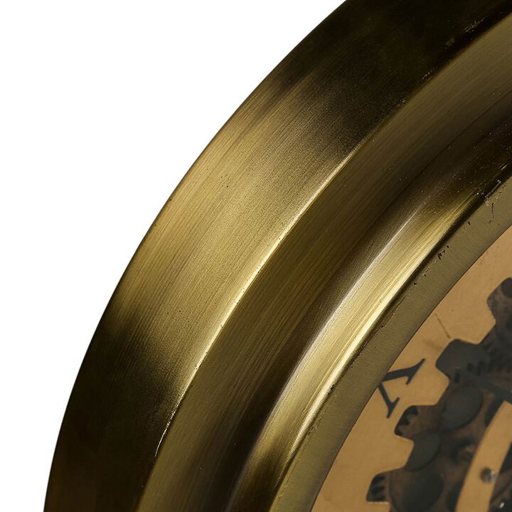 Reny 18 Inch Round Wall Clock, Gear Design, Roman Analog, Gold Bronze - Benzara
