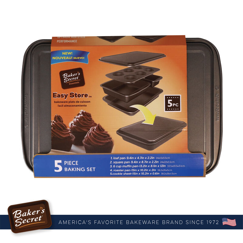 Baker's Secret Bakeware Set of 5 Pans, Stackable Nestable, Easy To Store, Nonstick Coating, Durable Carbon Steel Construction, Essentials Line,Dark Gray