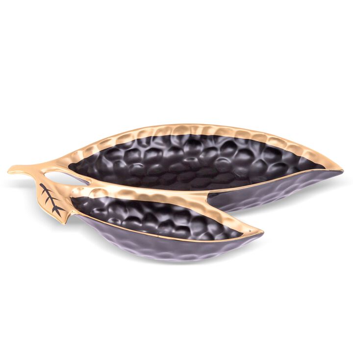 Black Porcelain Leaf Relish Dish with Gold Rim