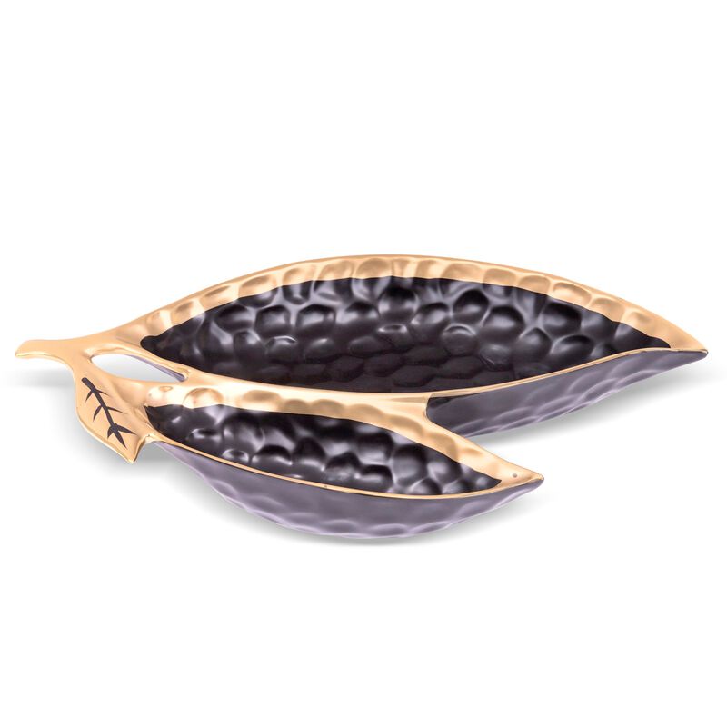 Black Porcelain Leaf Relish Dish with Gold Rim
