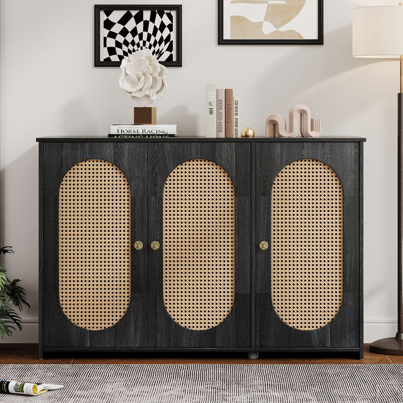 Clihome Retro 3-Door Sideboard with Large Storage Space Artificial Rattan Doors and Metal Handles, Accent Cabinet for Living Room and Hallway (Antique Black)