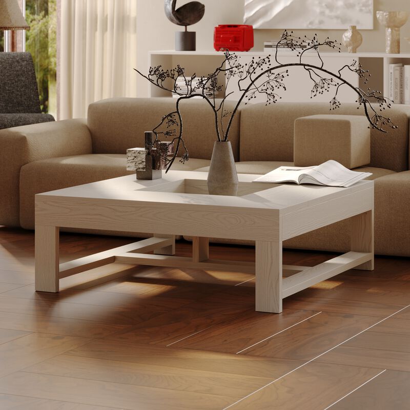 FUFU&GAGA Modern White Wood Coffee Table – Solid Wood, Square Design, Spacious Tabletop with Built-in Storage, Sturdy Frame (43.3" W x 43.3" D x 15.7" H), White