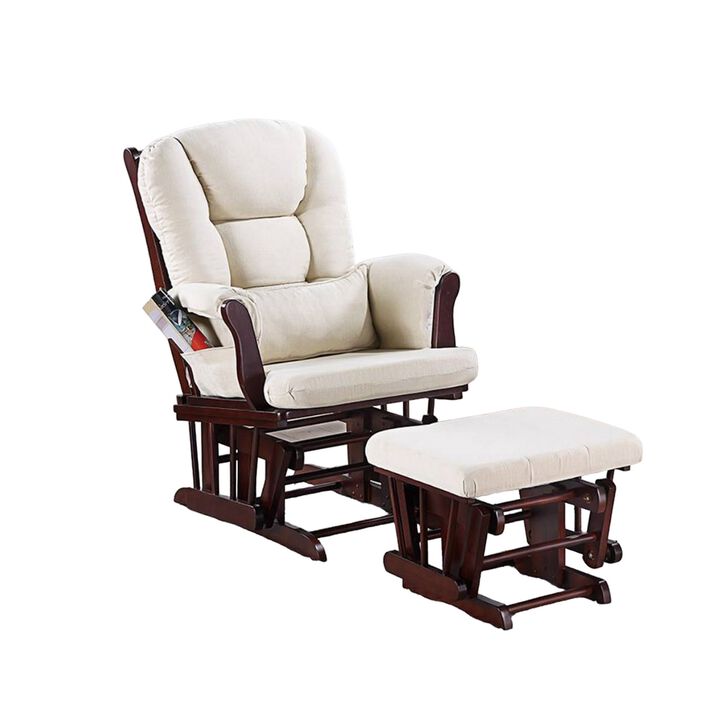 Noni Glider Manual Recliner Chair w Ottoman, Brown Wood, Square Beige - Benzara