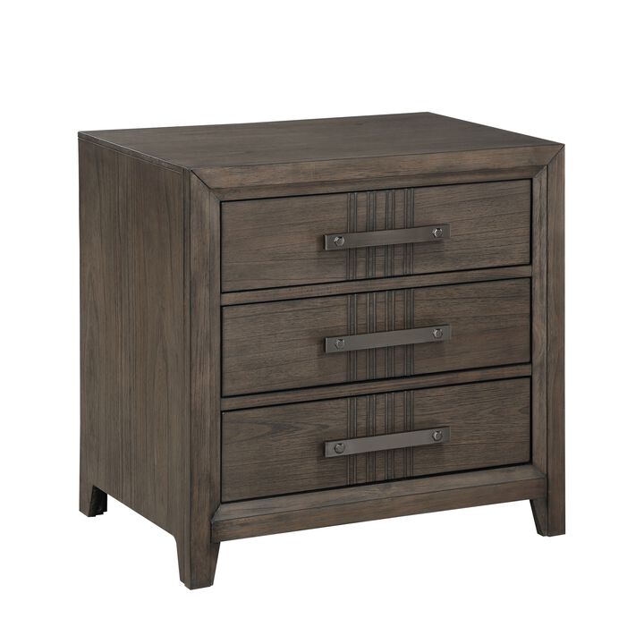 27 Inch Rustic Nightstand, 2 Drawers, Gray Metal Handles, Rich Brown Wood - Benzara