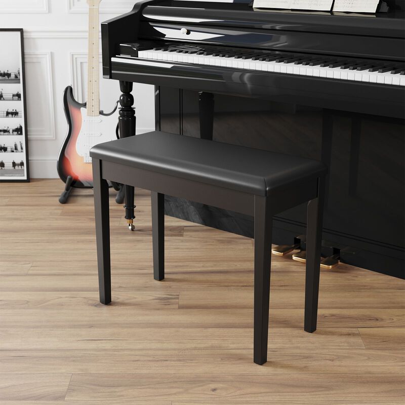 Wooden Duet Piano Bench with Padded Cushion and Music Storage -Black