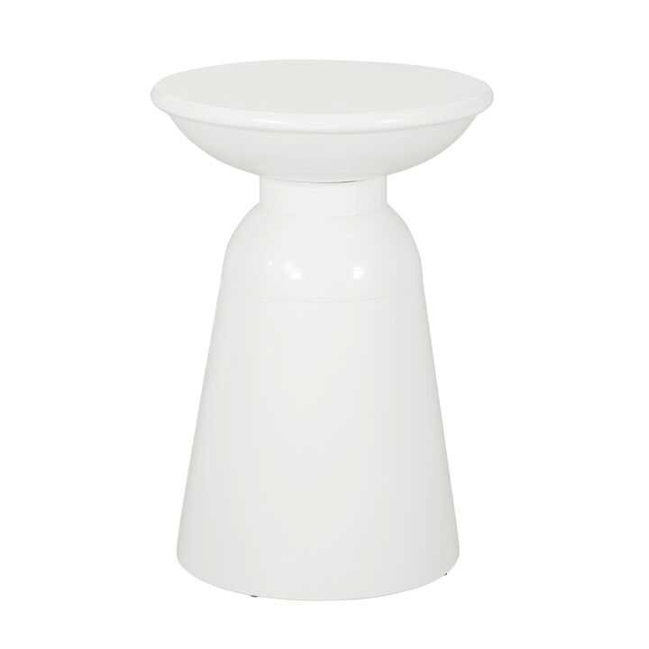 Suma Outdoor End Table, Round 15 Inch Top, Pedestal Base, White Iron - Benzara